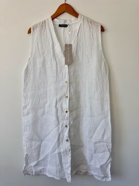 NWT White Sleeveless Button-Front Dress | 100% Linen | Large | Cottage | V-neck